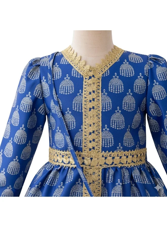 D'Daniela Noor Embroidered Blue Jalabiya Abaya with Tie-Up Belt and  Sleeves -for Girl