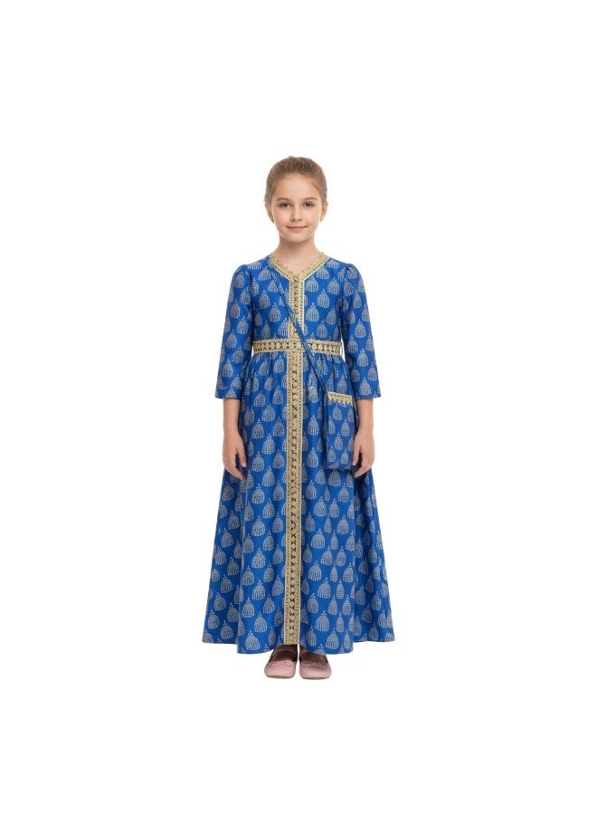 D'Daniela Noor Embroidered Blue Jalabiya Abaya with Tie-Up Belt and  Sleeves -for Girl - Image 5
