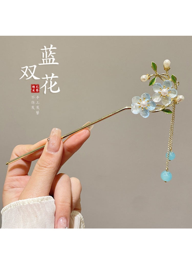 Generic - Elegant Fringed Hairpin Womens High-End Feel Hanfu Hair Accessories Chinese Dress Hair Clips Step Dance Hanfu 46#Blue Double Flower Tassel Pendant-Gold 408 - Image 1