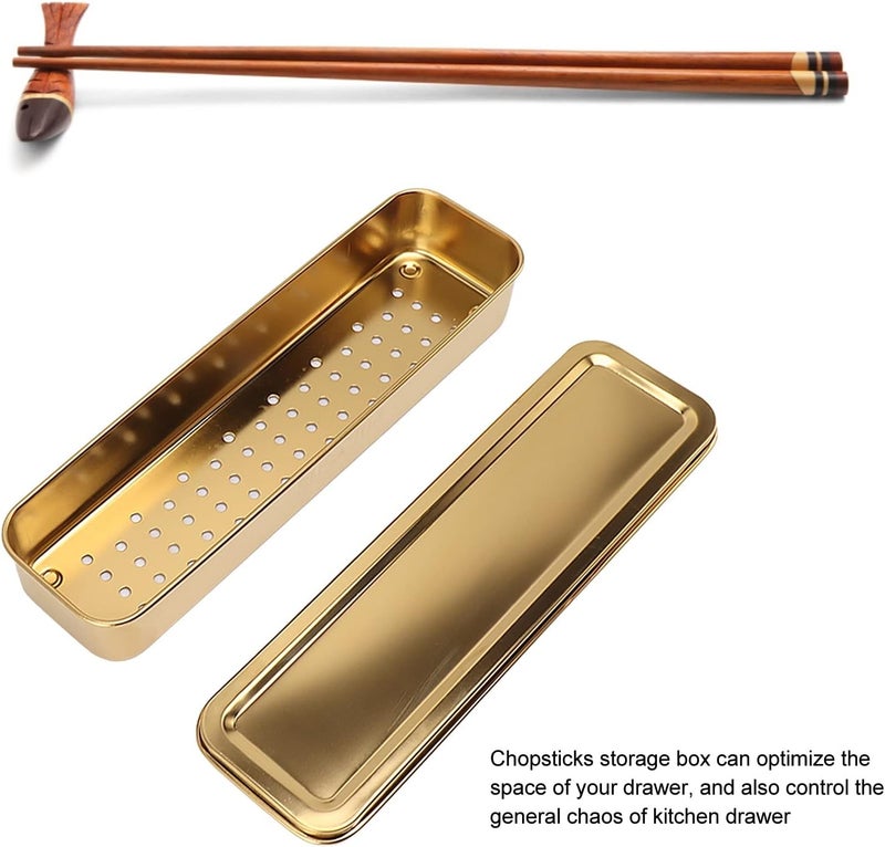 Stainless Steel Cutlery Tray Holder, Kitchen Chopstick Spoon Fork Storage Box with Lid and Drainer, Food Grade Organizer for Drawer or Countertop (Gold) - Image 2
