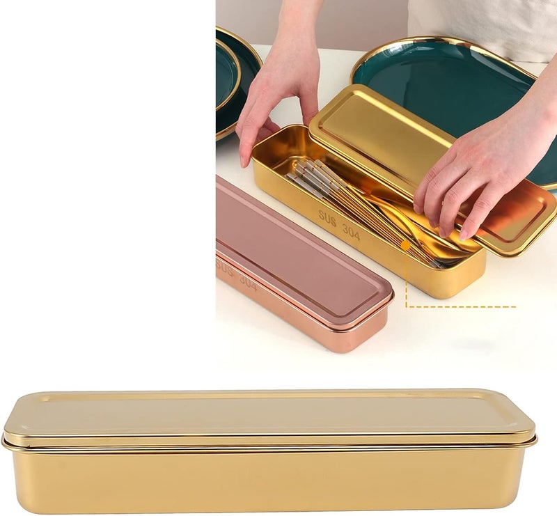 Stainless Steel Cutlery Tray Holder, Kitchen Chopstick Spoon Fork Storage Box with Lid and Drainer, Food Grade Organizer for Drawer or Countertop (Gold) - Image 5