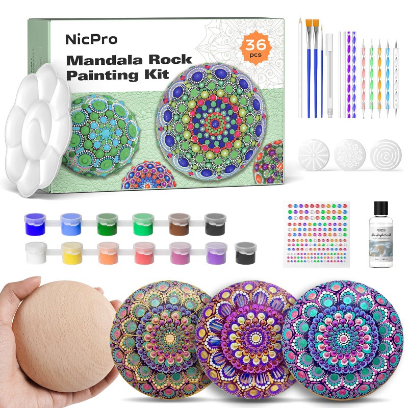 Nicpro Mandala Rock Painting Kit, Dot Arts and Craft Kit for Adults & Kids, Mandala Dotting Tools Kit, Large Wooden Rocks for Painting, DIY, Stencils, Acrylic Paints, Brushes, Dotting Tools for Rocks - Image 1