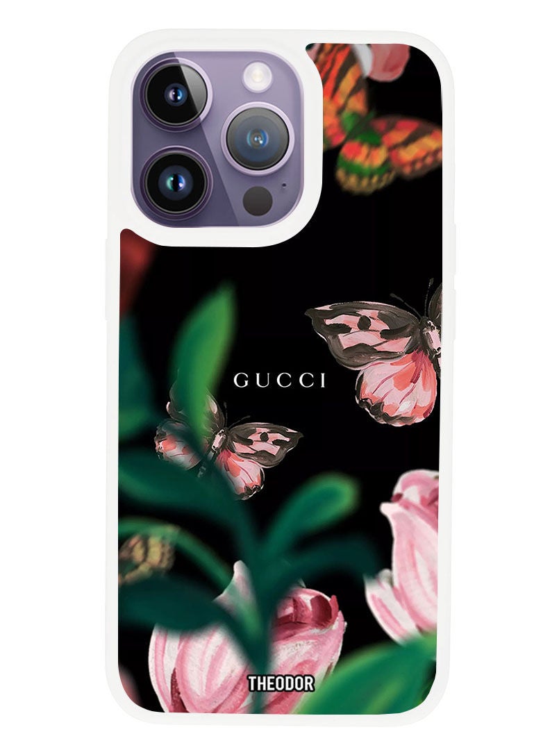 Theodor غطاء واقي مضاد للخدش ومقاوم للصدمات لجهاز APPLE IPHONE 14 PRO MAX غوتشي فراشة (حافة بيضاء) - Image 1