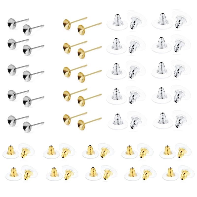 ST logo Cup Pad Blank Earring Pin Studs with Silicone Earring Backs Stopper for Jewelry Making Findings DIY Art & Craft (20 + 20 Pcs Combo Pack (Silver + Golden)) - Image 1