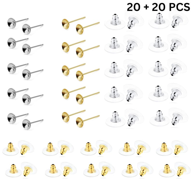 ST logo Cup Pad Blank Earring Pin Studs with Silicone Earring Backs Stopper for Jewelry Making Findings DIY Art & Craft (20 + 20 Pcs Combo Pack (Silver + Golden)) - Image 2