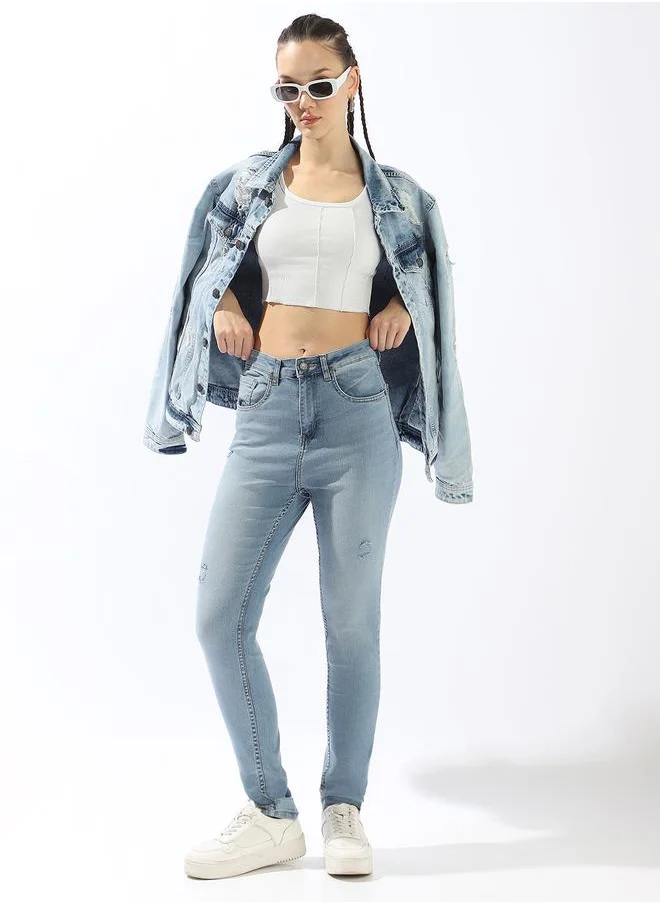 هاي ستار Women's Indigo Cotton Blend Textured Full Skinny Fit Jeans