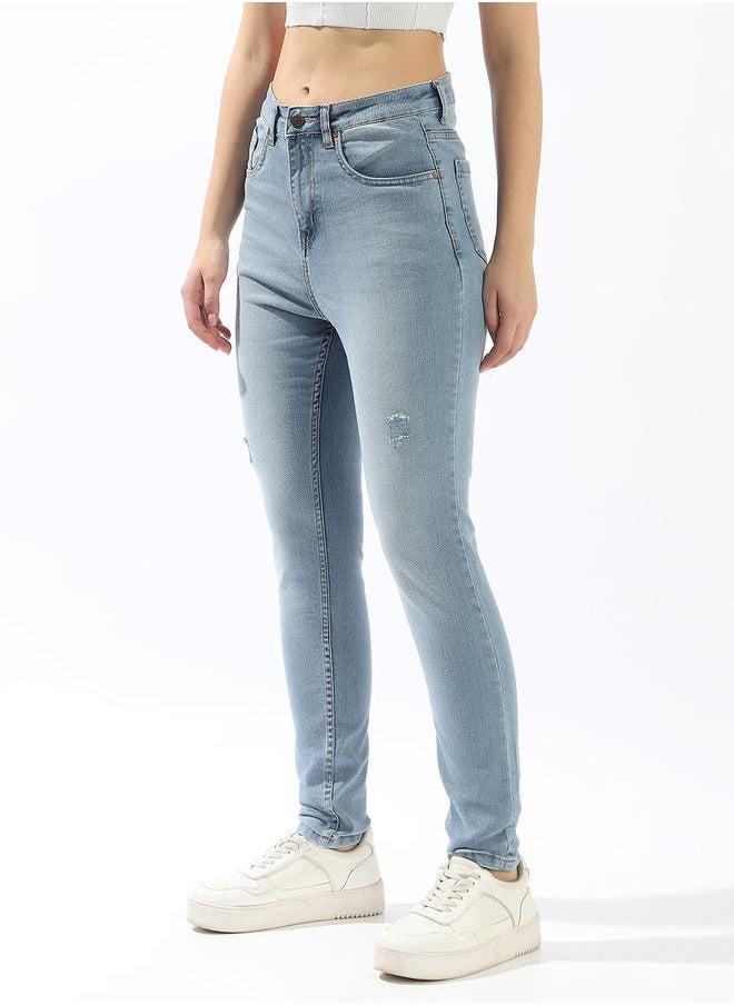 HIGH STAR Women's Indigo Cotton Blend Textured Full Skinny Fit Jeans  - Image 3