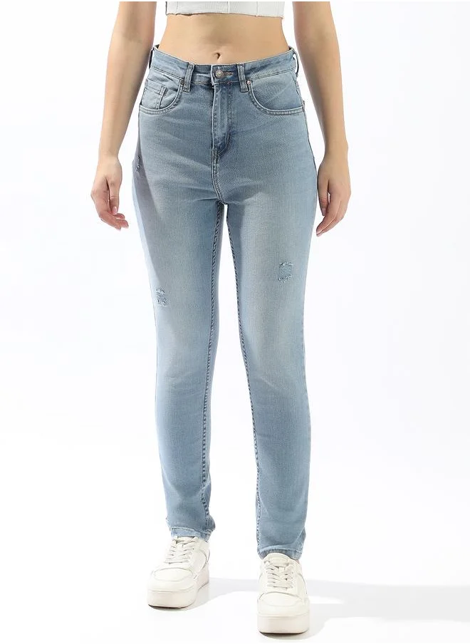 هاي ستار Women's Indigo Cotton Blend Textured Full Skinny Fit Jeans