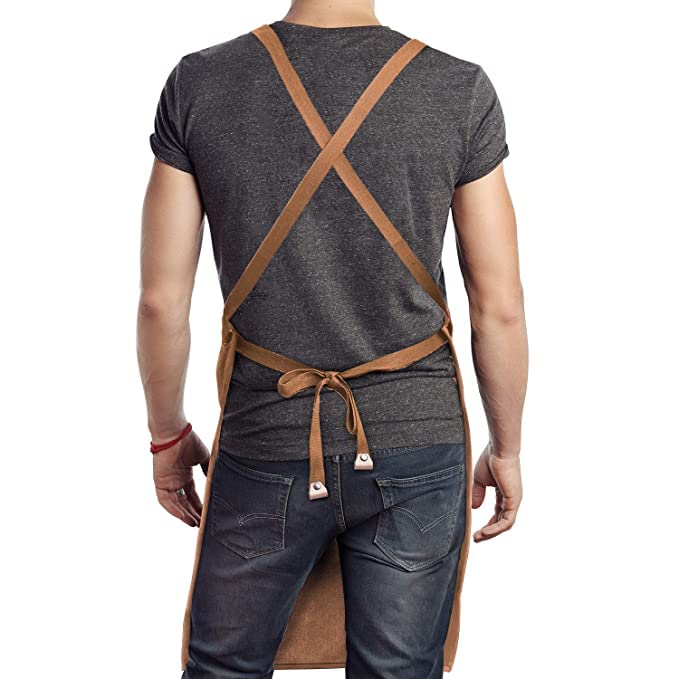 Priti - Chef Apron, Cotton Canvas Cross Back Adjustable Apron with Pockets for Women and Men, Kitchen Cooking Baking Bib Apron, Adjustable Size S to L - Cappuccino Brown - Image 3