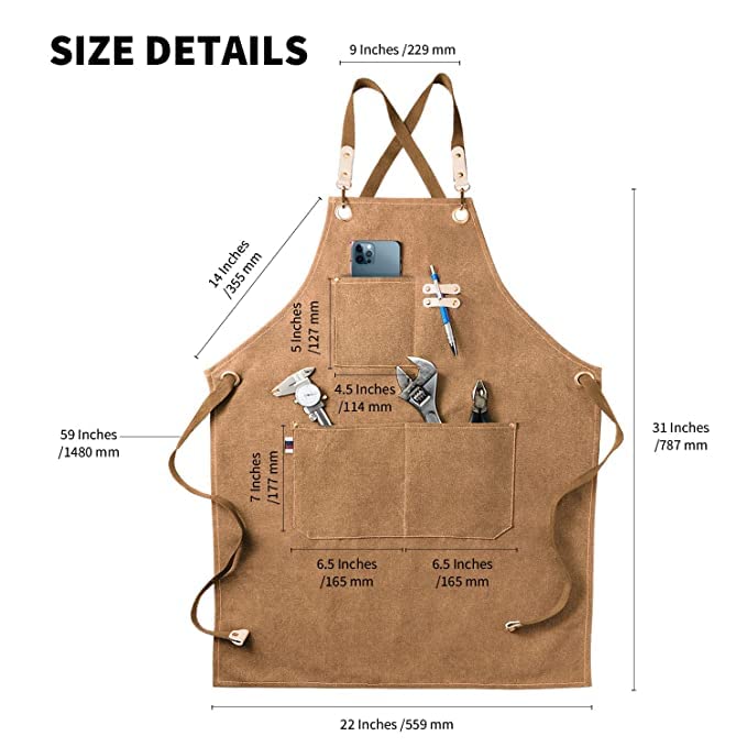 Priti - Chef Apron, Cotton Canvas Cross Back Adjustable Apron with Pockets for Women and Men, Kitchen Cooking Baking Bib Apron, Adjustable Size S to L - Cappuccino Brown - Image 4