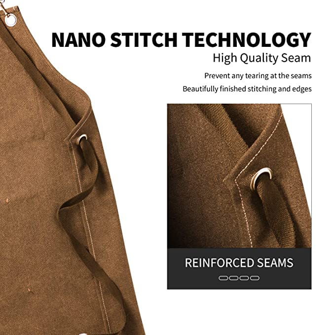 Priti - Chef Apron, Cotton Canvas Cross Back Adjustable Apron with Pockets for Women and Men, Kitchen Cooking Baking Bib Apron, Adjustable Size S to L - Cappuccino Brown - Image 2