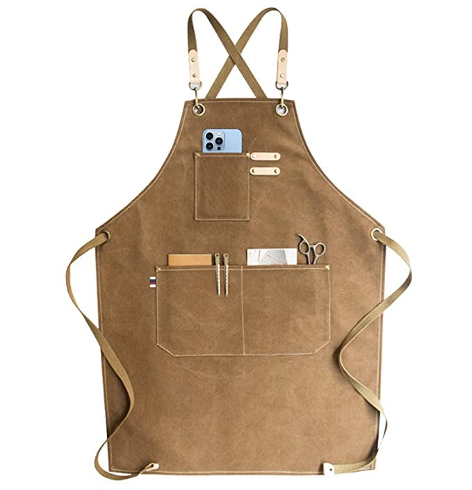 Priti - Chef Apron, Cotton Canvas Cross Back Adjustable Apron with Pockets for Women and Men, Kitchen Cooking Baking Bib Apron, Adjustable Size S to L - Cappuccino Brown - Image 1