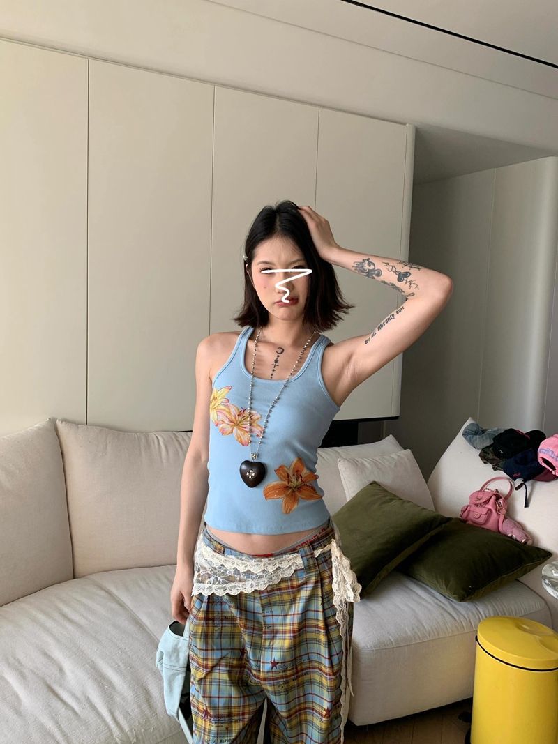 Women's Slim Fit Sleeveless Camisole Top with Abstract Print - Blue - Image 2