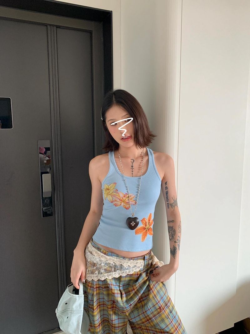 Women's Slim Fit Sleeveless Camisole Top with Abstract Print - Blue - Image 1