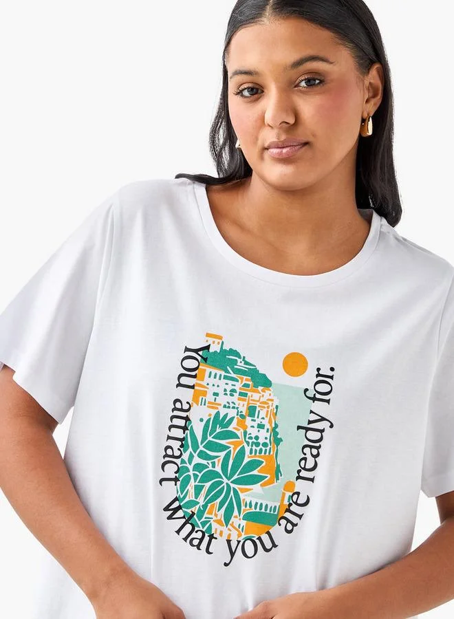 Ulla Popken Plus Size Ulla Popken Graphic Print Round Neck T-shirt with Short Sleeves