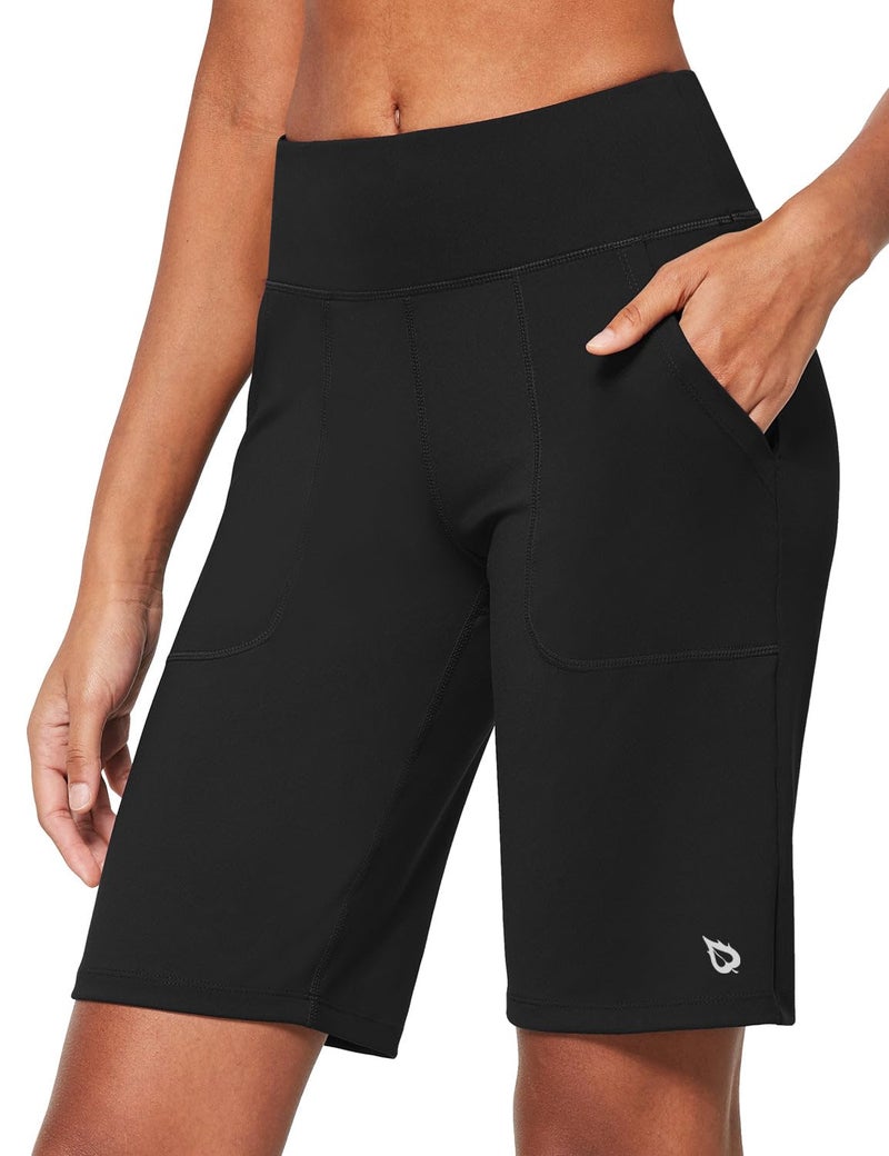 baleaf Women's 10" Bermuda Long Shorts Running Athletic Shorts High Waisted Casual Summer Knee Length Black Size L - Image 1