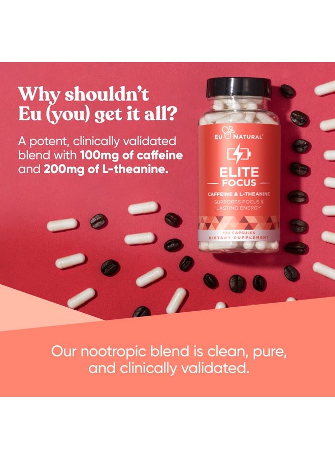 Eu Natural - Elite Caffeine Pills with L-Theanine - Jitter-Free Focused Energy Supplements - Clean & Natural Nootropic Stack for Smart Cognitive Performance - 120 Soft Capsules - Image 1