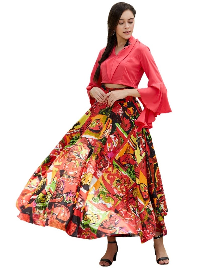 Pannkh Women's Embroidered Crop Top & Picasso Printed Skirt Set Indo-Western Festive Co-ord Artistic Design with Flared Silhouette - Image 5