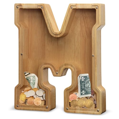 AORCMITN Extra Large Wooden Letter Coin Piggy Bank for Boys Girls Kids Toddler Alphabet M Money Bank InitialM12 - Image 1