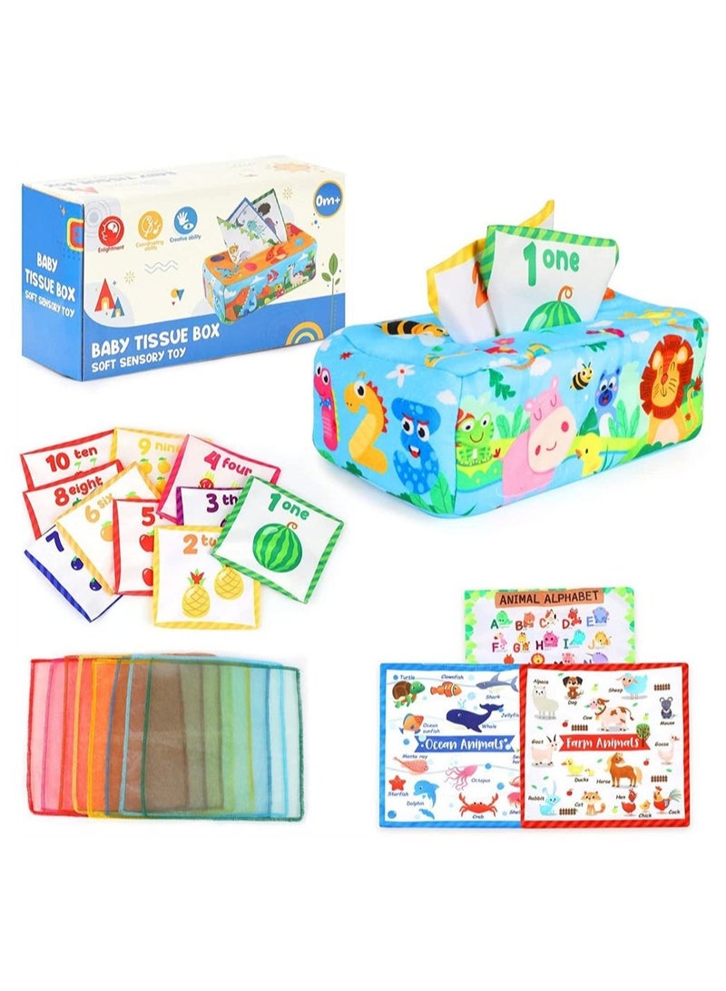 NIBEMINENT Baby Tissue Box Toy, Montessori Toys, Sensory Pull Along Toy for Toddlers with Colorful Scarves Crinkle Tissues Soft Cloth Numbe and Animals Pattern, Educational Preschool Learning Toys  - Image 1