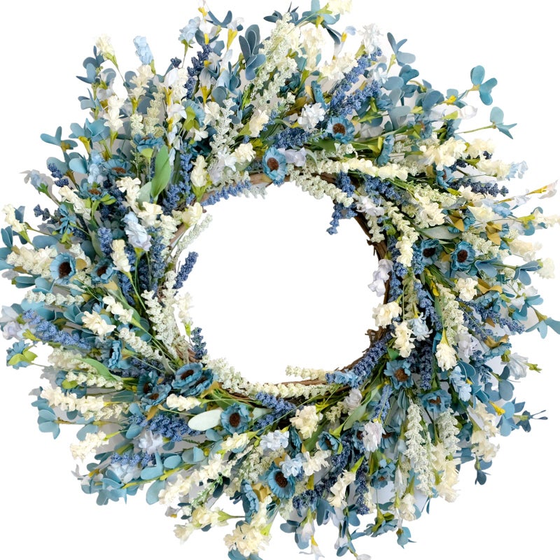 Egolot 26 Inch Summer Spring Blue Ivory Lavender Flower Wreath for Front Door, Rustic and Farmhouse Wild Flowers Wreath for Inside and Outside, Coastal Blue Home Decorating - Image 1