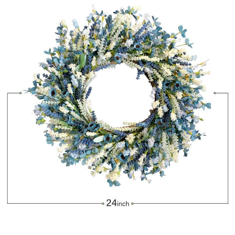 Egolot 26 Inch Summer Spring Blue Ivory Lavender Flower Wreath for Front Door, Rustic and Farmhouse Wild Flowers Wreath for Inside and Outside, Coastal Blue Home Decorating - Image 4