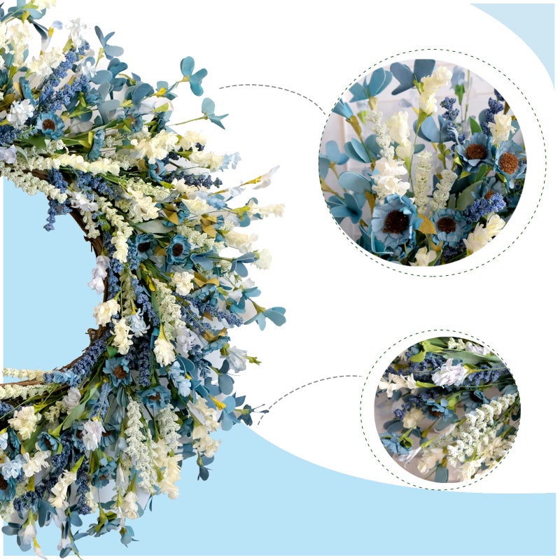 Egolot 26 Inch Summer Spring Blue Ivory Lavender Flower Wreath for Front Door, Rustic and Farmhouse Wild Flowers Wreath for Inside and Outside, Coastal Blue Home Decorating - Image 2