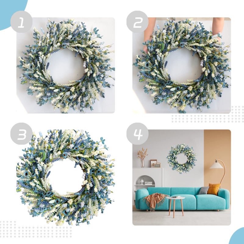 Egolot 26 Inch Summer Spring Blue Ivory Lavender Flower Wreath for Front Door, Rustic and Farmhouse Wild Flowers Wreath for Inside and Outside, Coastal Blue Home Decorating - Image 3