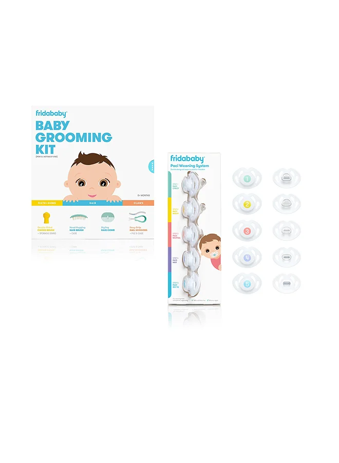 فريدا بيبي Baby Grooming Kit, Includes Finger Brush, Storage Stand, Hair Brush With Case Styling Hair Comb, Easy Grip Nail Scissors With Nail File and Case And Paci Weaning System