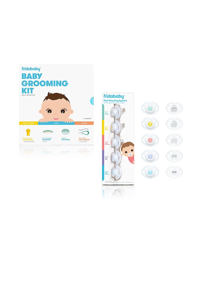 fridababy طقم العناية بالرضع، يتضمن فرشاة أصابع، حامل تخزين، فرشاة شعر مع علبة، مشط تصفيف الشعر، مقص أظافر سهل الإمساك مع ملف أظافر وعلبة ونظام فطام اللهاية - Image 1