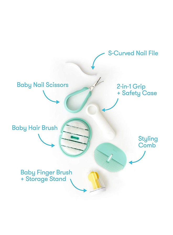 fridababy طقم العناية بالرضع، يتضمن فرشاة أصابع، حامل تخزين، فرشاة شعر مع علبة، مشط تصفيف الشعر، مقص أظافر سهل الإمساك مع ملف أظافر وعلبة ونظام فطام اللهاية - Image 4
