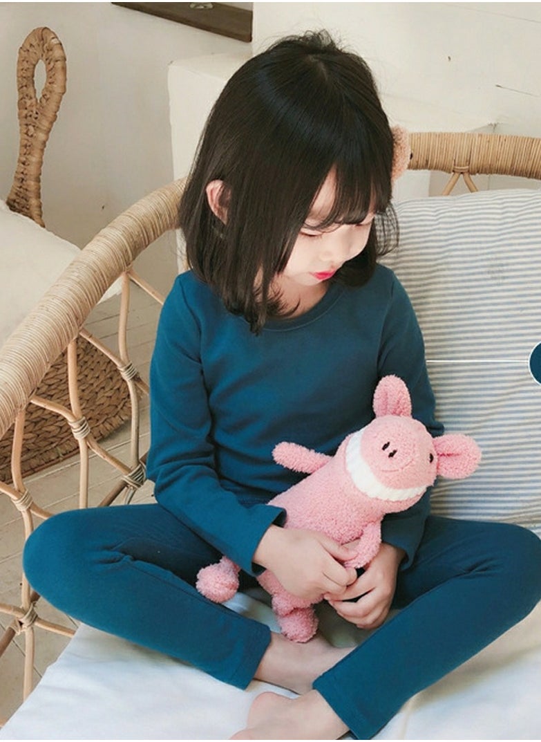 Loquat - Kids Solid Color Thermal Underwear Set Cotton Soft Long Johns Base Layer Top & Bottom Children's Pajama Set Denim Blue - Image 1