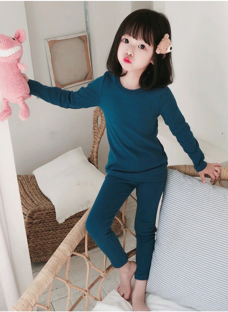 Loquat - Kids Solid Color Thermal Underwear Set Cotton Soft Long Johns Base Layer Top & Bottom Children's Pajama Set Denim Blue - Image 1
