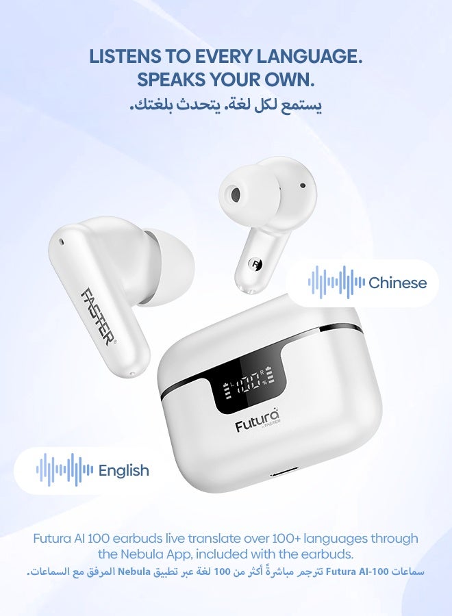 Faster Futura AI-100 Real-Time Translation 100+ Languages Wireless Earbuds with Bluetooth 6.0, Voice Recorder, TWS+ AI Translator, Voice Assistant & ANC, 15H Total Playtime for Business & Travel (White) - Image 4