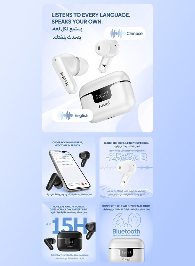 Faster Futura AI-100 Real-Time Translation 100+ Languages Wireless Earbuds with Bluetooth 6.0, Voice Recorder, TWS+ AI Translator, Voice Assistant & ANC, 15H Total Playtime for Business & Travel (White) - Image 3