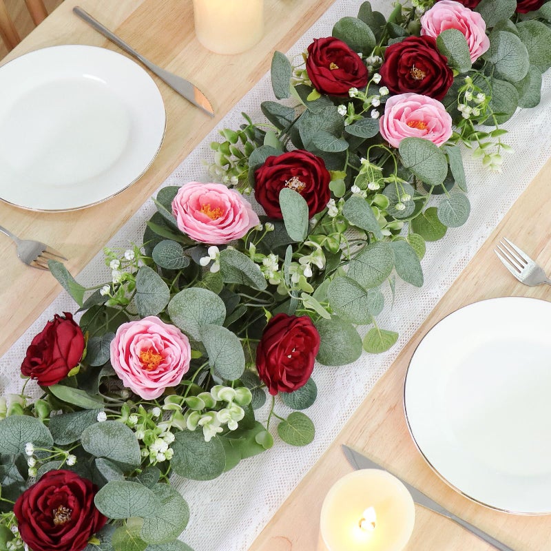 TOCHGREEN 2 Pack 13Ft Artificial Eucalyptus Flower Garland with Red Pink Roses, Fake Rose Flower Greenery Garland Floral Vines for Wedding Home Party Table Runner Decor (Red Pink, 2PCS) - Image 2