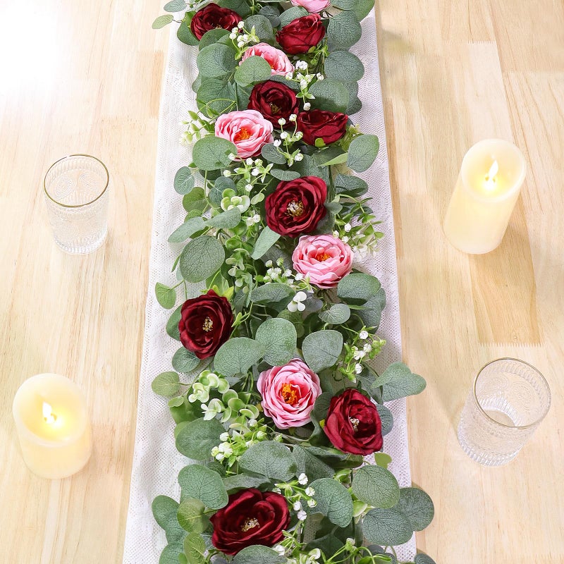 TOCHGREEN 2 Pack 13Ft Artificial Eucalyptus Flower Garland with Red Pink Roses, Fake Rose Flower Greenery Garland Floral Vines for Wedding Home Party Table Runner Decor (Red Pink, 2PCS) - Image 1