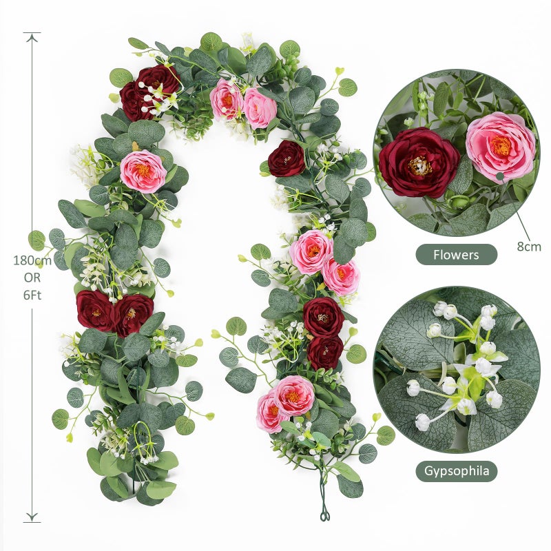 TOCHGREEN 2 Pack 13Ft Artificial Eucalyptus Flower Garland with Red Pink Roses, Fake Rose Flower Greenery Garland Floral Vines for Wedding Home Party Table Runner Decor (Red Pink, 2PCS) - Image 3
