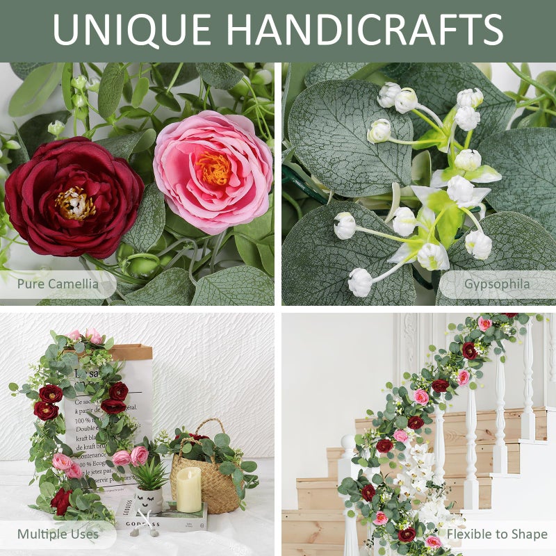 TOCHGREEN 2 Pack 13Ft Artificial Eucalyptus Flower Garland with Red Pink Roses, Fake Rose Flower Greenery Garland Floral Vines for Wedding Home Party Table Runner Decor (Red Pink, 2PCS) - Image 4