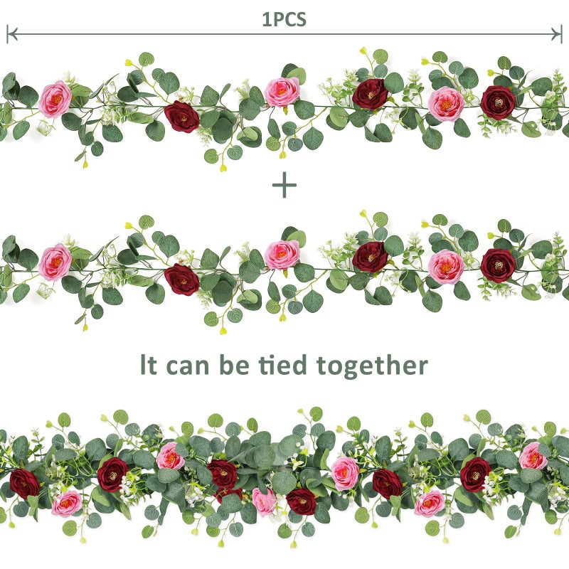 TOCHGREEN 2 Pack 13Ft Artificial Eucalyptus Flower Garland with Red Pink Roses, Fake Rose Flower Greenery Garland Floral Vines for Wedding Home Party Table Runner Decor (Red Pink, 2PCS) - Image 5