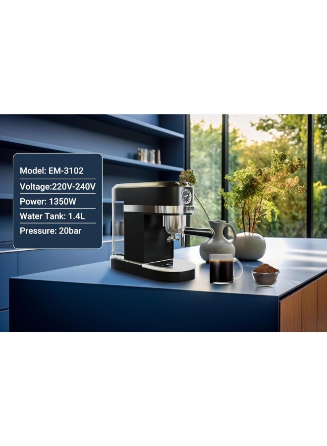 EXPRESSO Classico EM3102 Manual Espresso Coffee Machine with Milk Frother Wand, 20 Bar High Pressure Pump, 1.4L Removable Water Tank, Home Barista Style Maker, German Quality, 220–240V – Ideal for Cappuccino, Latte, Americano - Image 3