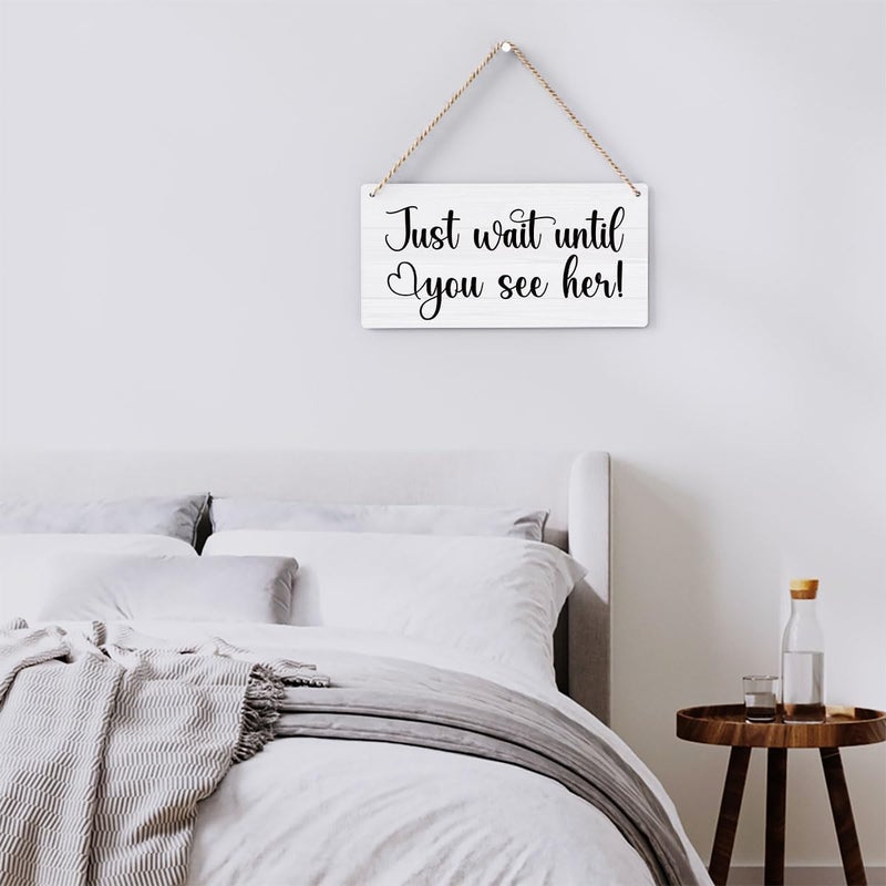 BELLOWDEER Rustic Wedding Signs, Ring Bearer Sign, Just Wait Until You See Her, Wedding Decoration Stuff Engagement Weddings Decorations 12x6 Inches (White) - Image 5