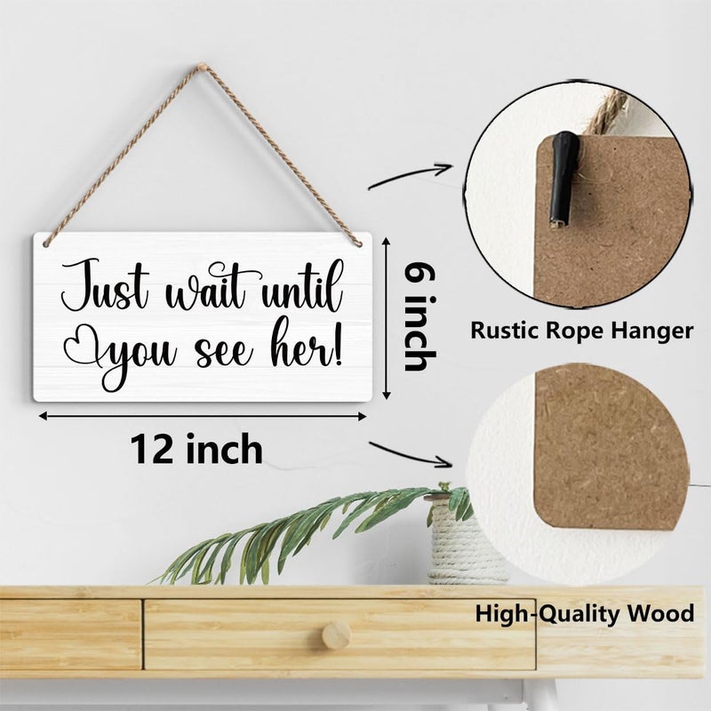 BELLOWDEER Rustic Wedding Signs, Ring Bearer Sign, Just Wait Until You See Her, Wedding Decoration Stuff Engagement Weddings Decorations 12x6 Inches (White) - Image 2