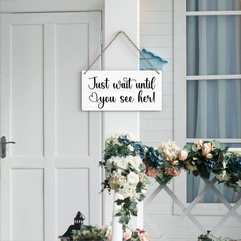 BELLOWDEER Rustic Wedding Signs, Ring Bearer Sign, Just Wait Until You See Her, Wedding Decoration Stuff Engagement Weddings Decorations 12x6 Inches (White) - Image 3