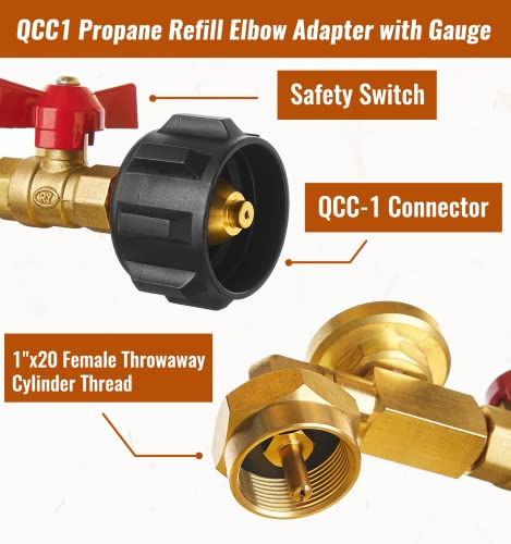 CALPOSE Propane Refill Adapter with Valve and Gauge, Fill 1 Pound Bottles from 20lb Tank, Fits QCC1 / Type1 Propane Tank and 1 lb Throwaway Disposable Cylinder Propane Bottle Connector - Image 2