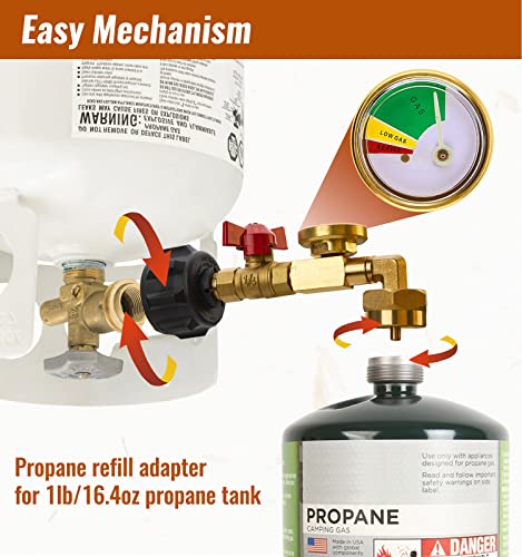 CALPOSE Propane Refill Adapter with Valve and Gauge, Fill 1 Pound Bottles from 20lb Tank, Fits QCC1 / Type1 Propane Tank and 1 lb Throwaway Disposable Cylinder Propane Bottle Connector - Image 4