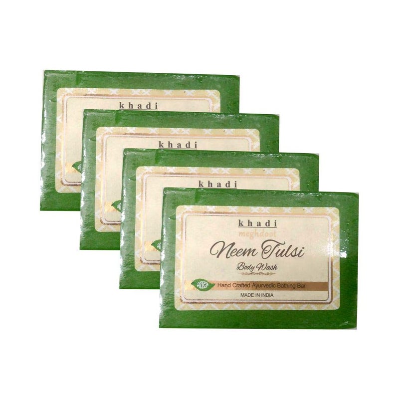 Meghdoot Neem Tulsi Body Wash Soap khadi handmade ayurvedic bathing bar natural skin moisturizing herbal body cleanser for soft healthy glowing skin 125gm Pack of 4 - Image 1