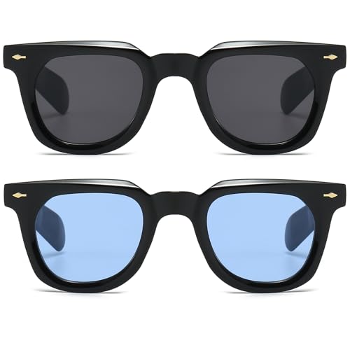 PORADAY Square Sunglasses for Women Men Trendy Thick Frame Sun Glasses Black Shades (Black/Grey+Black/Blue) - Image 1