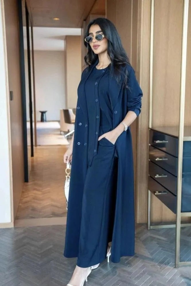 Navy Blue Blazer Abaya: A sophisticated blend of the majesty of a blazer and the elegance of an abaya, in a luxurious navy blue color that adds depth and presence to your look. - Image 1