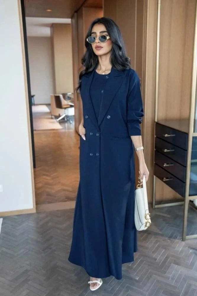 Navy Blue Blazer Abaya: A sophisticated blend of the majesty of a blazer and the elegance of an abaya, in a luxurious navy blue color that adds depth and presence to your look. - Image 2